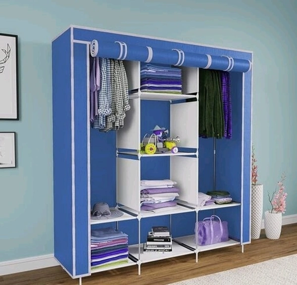 Non Woven Collapse Wardrobe 8 Shelf 3 Doors portable Folding light Clothing Storage Cabinet Dust Proof (Without  pocket ,Colour Blue) - Blue