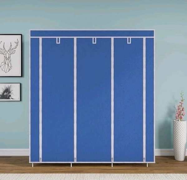 Non Woven Collapse Wardrobe 8 Shelf 3 Doors portable Folding Cabinet  - Blue