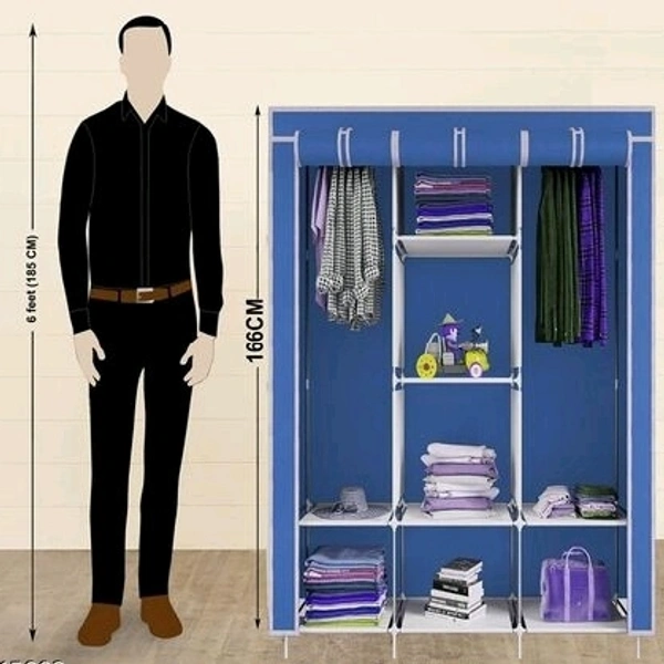 8 Shelf Non Woven Collapsible Wardrobe 3 Doors portable Folding Cabinet  - Blue