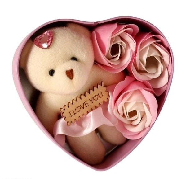 Roses and TeddyBear with  Heart Shape Beautiful Box perfect Valentin  Gift for His/Her ,Kids, Parents For Everyone - PINK