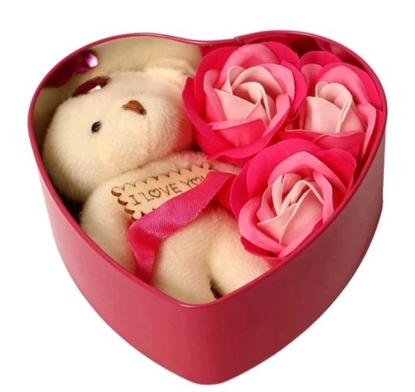 Roses and TeddyBear with  Heart Shape Beautiful Box perfect Valentin  Gift for His/Her ,Kids, Parents For Everyone - Red Pink