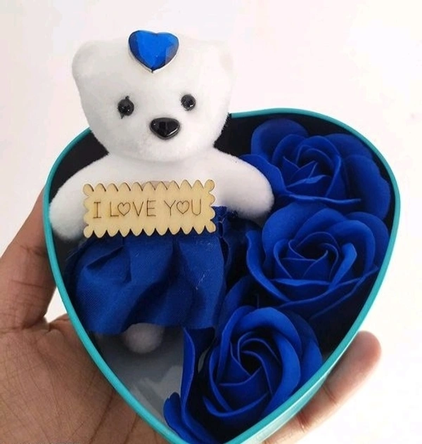 Roses and TeddyBear with  Heart Shape Beautiful Box perfect Valentin  Gift for His/Her ,Kids, Parents For Everyone - Blue