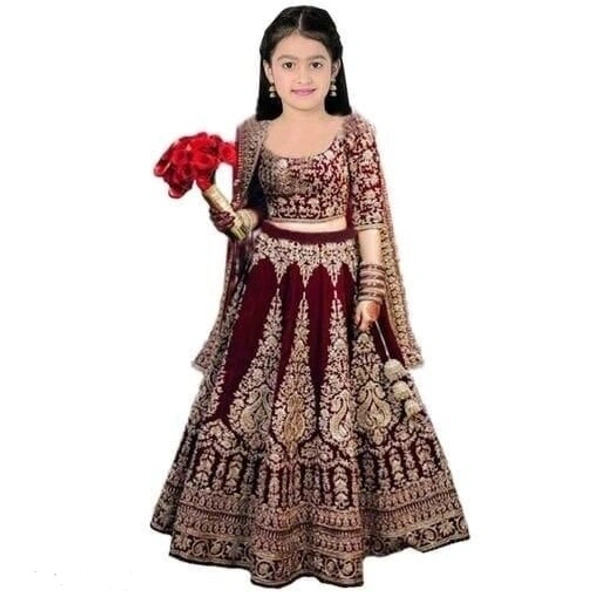    Girls velvet Semistiched Embroidery Lahenga choli FOR Birthdays/ Festivals/Special  Occasion  - Dark Brown, 4-5Yrs