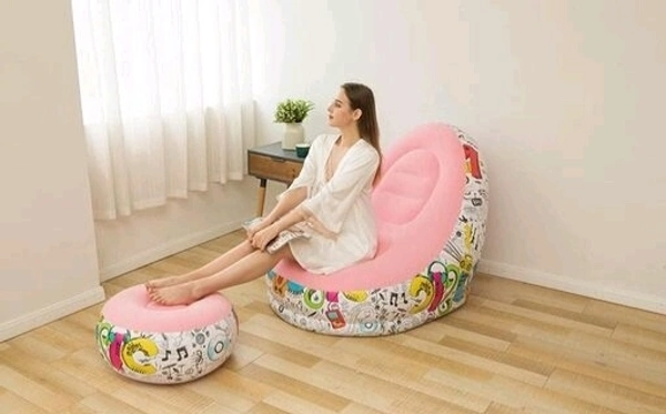 Inflatable Sofa lounger Blow up  Couch  /  Inflatable  Air Chair with Foot Stool Furniture for living Room Indoor and Outdoor - Pink