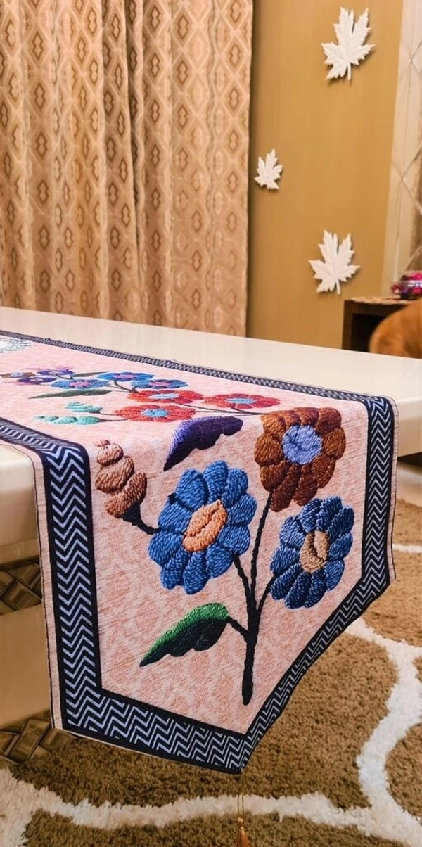 Embrodiery Cotton Table Runner  Brownfor  Dinning table - Blue