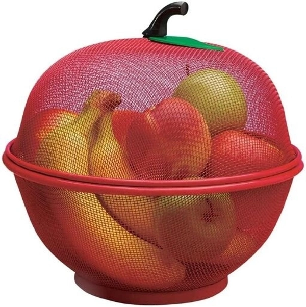  Apple Shape Fruits Bowl Basket with lid- Fly Proof  Vegetable Strainer and Countertop Storage  - Red