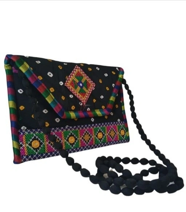 Handmade Cotton Ethnic Rajasthani Style Embroidery Bags Clutch  with sling purse for ladies/Women/Girls - Black