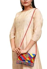 Handmade Cotton Ethnic Rajasthani Style Embroidery Bags Clutch  with sling purse for ladies/Women/Girls - Black