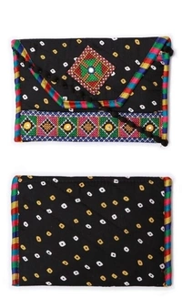 Handmade Cotton Ethnic Rajasthani Style Embroidery Bags Clutch  with sling purse for ladies/Women/Girls - Black