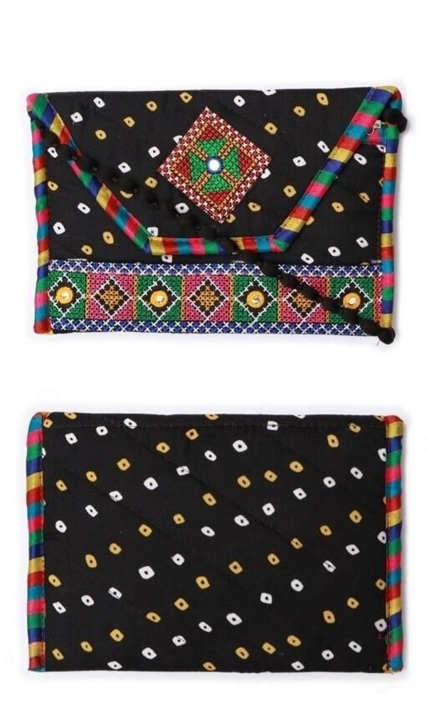 Handmade Cotton Ethnic Rajasthani Style Embroidery Bags Clutch  with sling purse for ladies/Women/Girls - Black