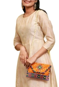 Handmade Cotton Ethnic Rajasthani Style Embroidery Bags Clutch  with sling purse for ladies/Women/Girls - Orange
