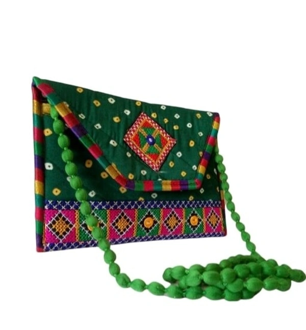 Handmade Cotton Ethnic Rajasthani Style Embroidery Bags Clutch  with sling purse for ladies/Women/Girls - Green