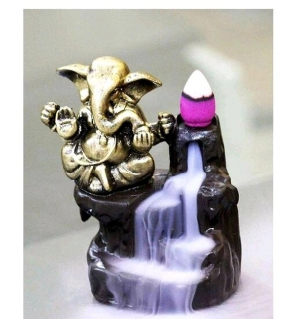 Lord Ganesha Sitting mediating beside waterfall  With scented smoke incense  perfect for Pooja house /House Warming Gift  - Golden