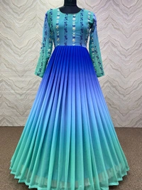 Graceful Embroidery Party Wear Long Gown For Women In Blue - Free size