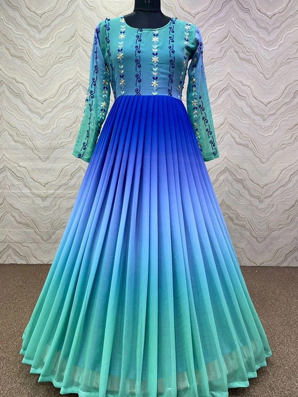 Graceful Embroidery Party Wear Long Gown For Women In Blue - Free size