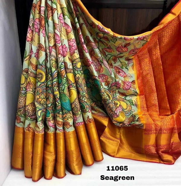 Kanjivram  Silk Zari weaving  with Kalamkari  Digital print  Saree with Blouse  Perfect for All occasion  - Seagreen