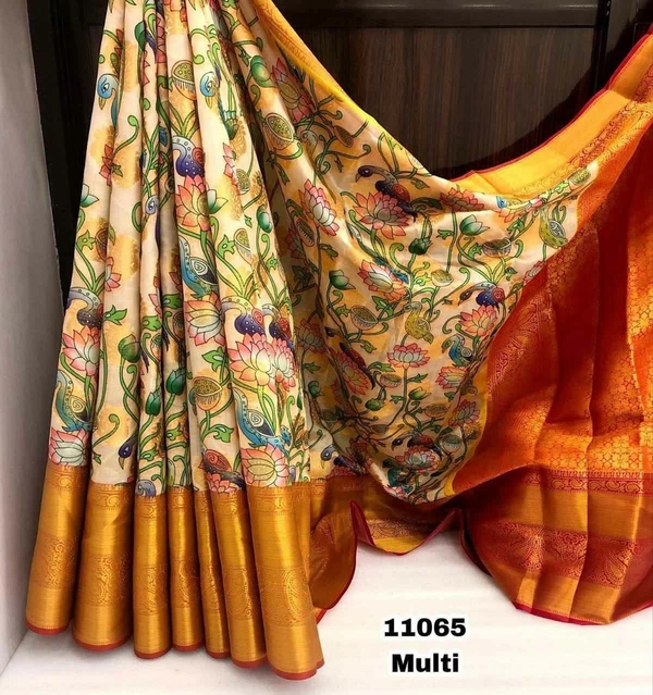 Kanjivram  Silk Zari weaving  with Kalamkari  Digital print  Saree with Blouse  Perfect for All occasion  - Multicolour