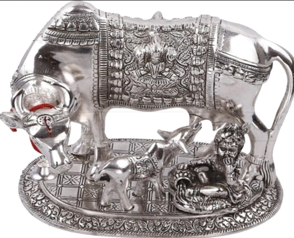 Silver plated   kamdenu cow Statu Calf along with Balkrishana  - Gray