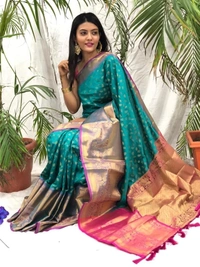Pure Handloom Kanchipuram katan Soft Silk Saree with antique zari Rich Contrast  Pallu Heavy work with Blouse  - Green