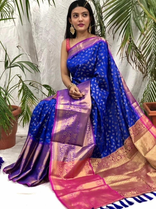 Pure Handloom Kanchipuram katan Soft Silk Saree with antique zari Rich Contrast  Pallu Heavy work with Blouse  - Blue