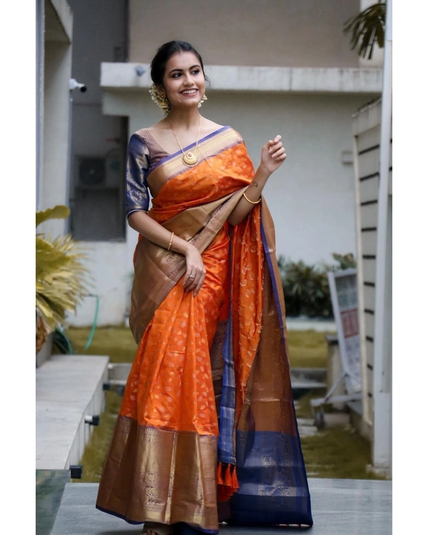 Pure Handloom Kanchipuram katan Soft Silk Saree with antique zari Rich Contrast  Pallu Heavy work with Blouse  - Web Orange