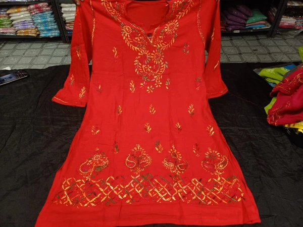 Stylish  Lucknowi  Chikankari  Handwork multithread Rayon Short Kurti For ladies  Women  - Wild Watermelon