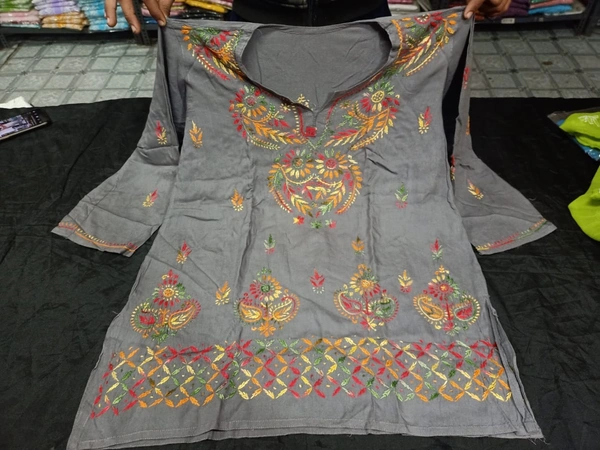 Stylish  Lucknowi  Chikankari  Handwork multithread Rayon Short Kurti For ladies  Women  - Gray