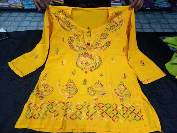 Stylish  Lucknowi  Chikankari  Handwork multithread Rayon Short Kurti For ladies  Women  - Yellow