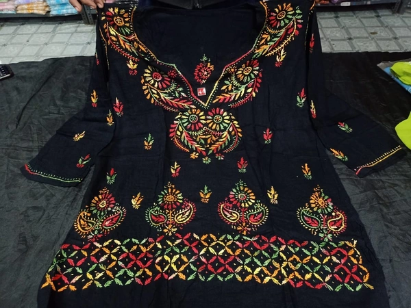 Stylish  Lucknowi  Chikankari  Handwork multithread Rayon Short Kurti For ladies  Women  - Black