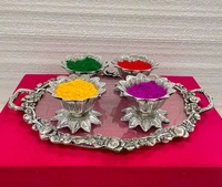 Handcrafted SILVER Metal tray With 4 Pcs Kamal Bowl  Combo gifts hamper  Holi / Home ceremony  /Marriage  with velvet box 