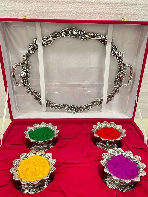 Handcrafted SILVER Metal tray With 4 Pcs Kamal Bowl  Combo gifts hamper  Holi / Home ceremony  /Marriage  with velvet box 