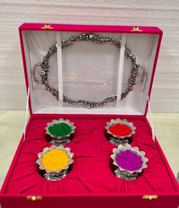Handcrafted SILVER Metal tray With 4 Pcs Kamal Bowl  Combo gifts hamper  Holi / Home ceremony  /Marriage  with velvet box 
