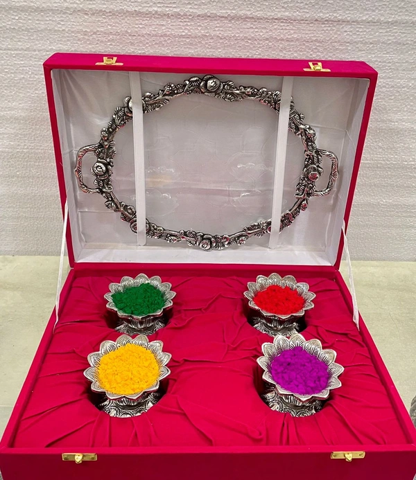 Handcrafted SILVER Metal tray With 4 Pcs Kamal Bowl  Combo gifts hamper  Holi / Home ceremony  /Marriage  with velvet box 