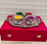 Handcrafted SILVER Metal tray With 4 Pcs Kamal Bowl  Combo gifts hamper  Holi / Home ceremony  /Marriage  with velvet box 