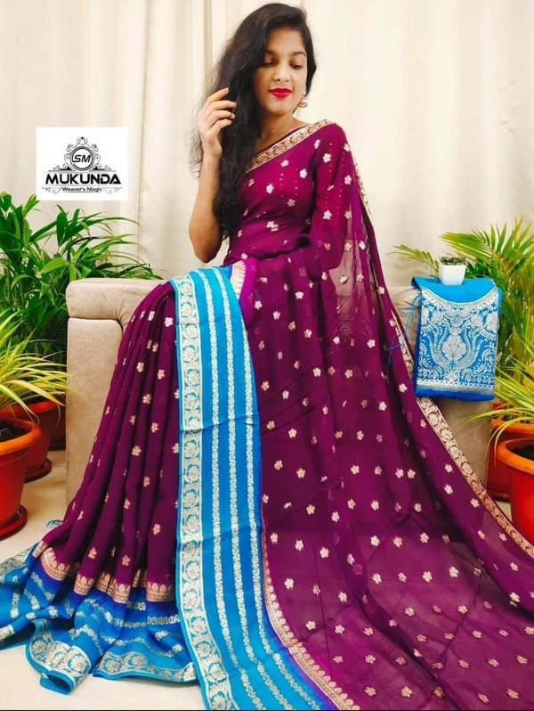 New Fashion  Pure Viscose Georgette Jacquard Saree Border With Flowers & Butti All OverWith Contrast Color  Blouse Perfect  for Any  Occasion 