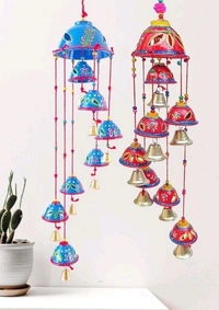Handcrafted Rajasthani Wooden Wind Chimes With 7 Bells For Hanging Indoor and Outdoor Home Decor  - Cornflower Blue
