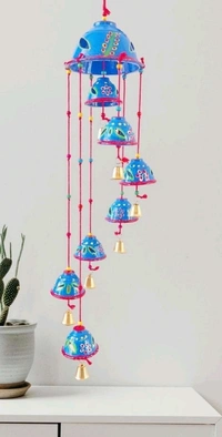 Handcrafted Rajasthani Wooden Wind Chimes With 7 Bells For Hanging Indoor and Outdoor Home Decor  - Cornflower Blue