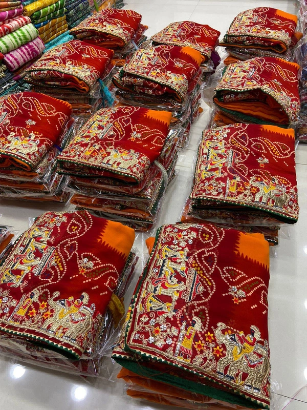 SB Fashion Presents  Heavy Pedding Bandhani  Print With Multi Coding Lace Diamond Work All Over Saree For Partywear /Festival /Special  Occasion 