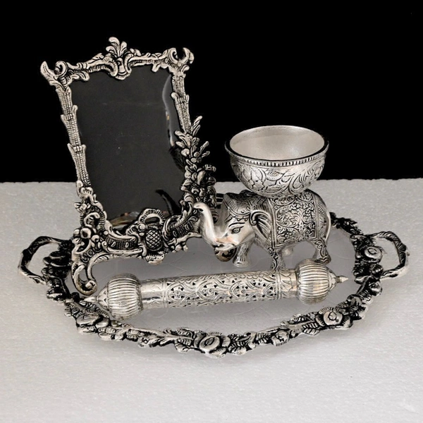 Metal Silver Plated Kamal Shape pair Bowl With Oval Tray Makar Sankriti & Gifting Combo  - 9.5×6×9.5, Combo With Photo Frame With Peacock  Box