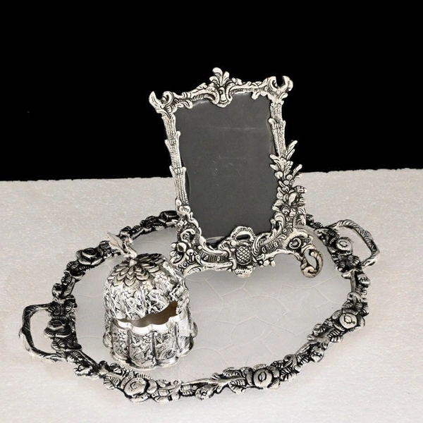 Metal Silver Plated Kamal Shape pair Bowl With Oval Tray Makar Sankriti & Gifting Combo  - 9.5×6×9.5, Oval Tray