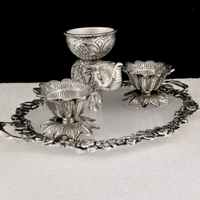 Metal Silver Plated Kamal Shape pair Bowl With Oval Tray Makar Sankriti & Gifting Combo  - 9.5×6×9.5, Oval Tray