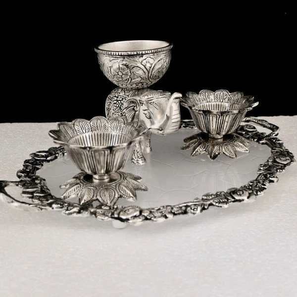 Metal Silver Plated Kamal Shape pair Bowl With Oval Tray Makar Sankriti & Gifting Combo  - 9.5×6×9.5, Combo With Elephant Bowl