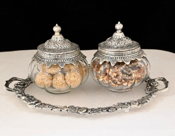 Metal Silver Plated Kamal Shape pair Bowl With Oval Tray Makar Sankriti & Gifting Combo  - 9.5×6×9.5, Combo With Glass Jar