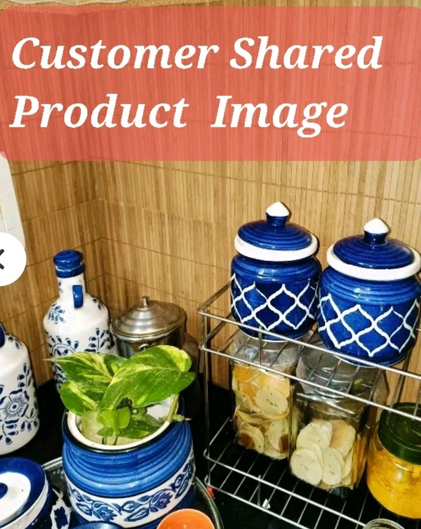 Handcrafted Morrocon Ceramic Achar Pickle Jar/Barni with Lid   - Blue, Ceramic
