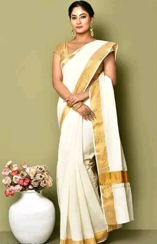 KERALA KASAVU TRADITIONAL PLAIN COTTON CREAM COLOR SAREE WITH  BEST QUALITY 2 BY 3  INCHES ZARI IN  PALLU Saree  - Cream, Cotton