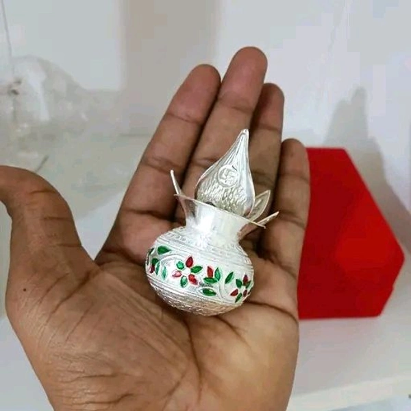 Petite German Silver Pooja kalash With Nariyal & Leaf for Pooja Room and Home Dzcor