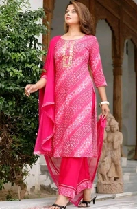 Women Lehriya Print Straight Kurta Palazzo With Dupatta  - M, Red, Deep Pink
