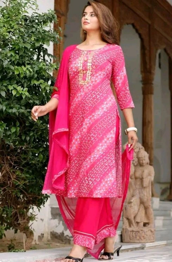 Women Lehriya Print Straight Kurta Palazzo With Dupatta  - M, Red, Deep Pink