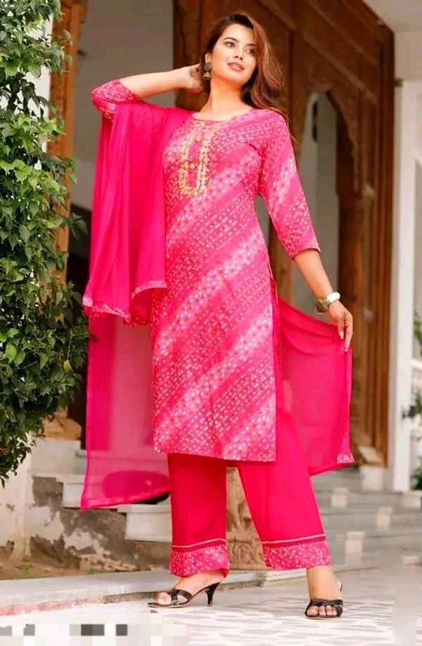 Women Lehriya Print Straight Kurta Palazzo With Dupatta  - L, Deep Pink