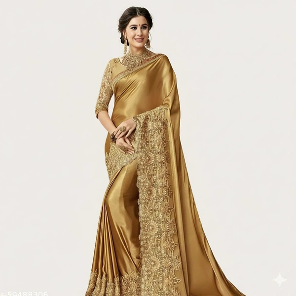 Golden Colour Saree Party Wear – Women Golden Embroidered Saree with Heavy Border for Wedding